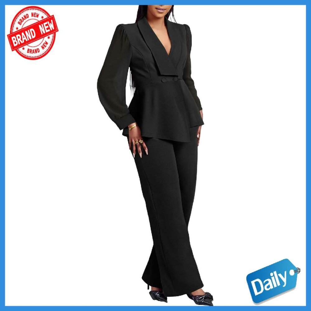 Women's Mesh Sleeve Ruffle Blazer Wide Leg Pantsuit Set Polyester Spandex